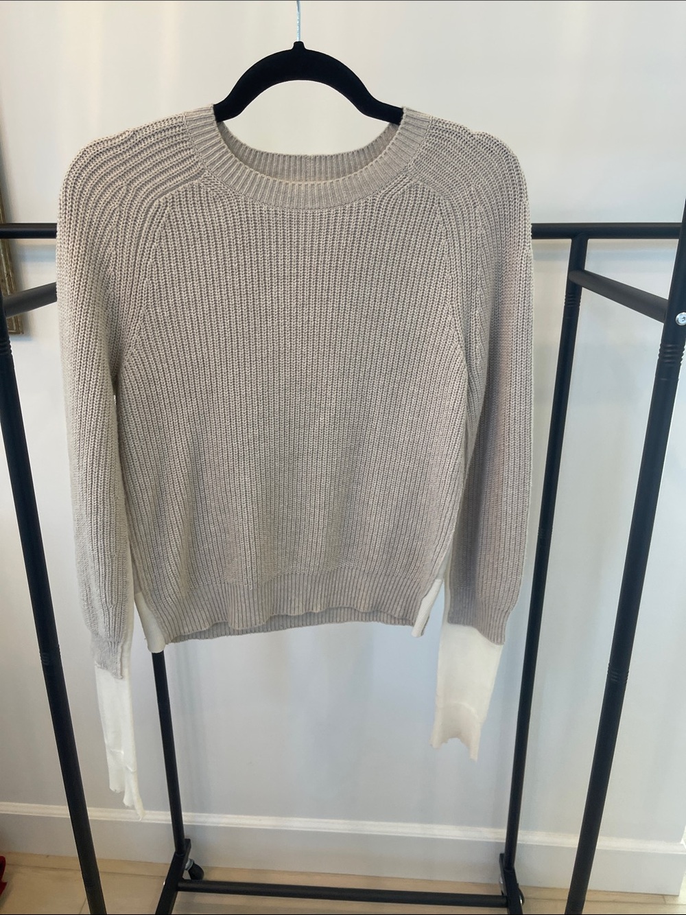 Helmut Lang Cream-Beige Ribbed Crewneck Sweater with White Sleeve Cuffs, NEW,